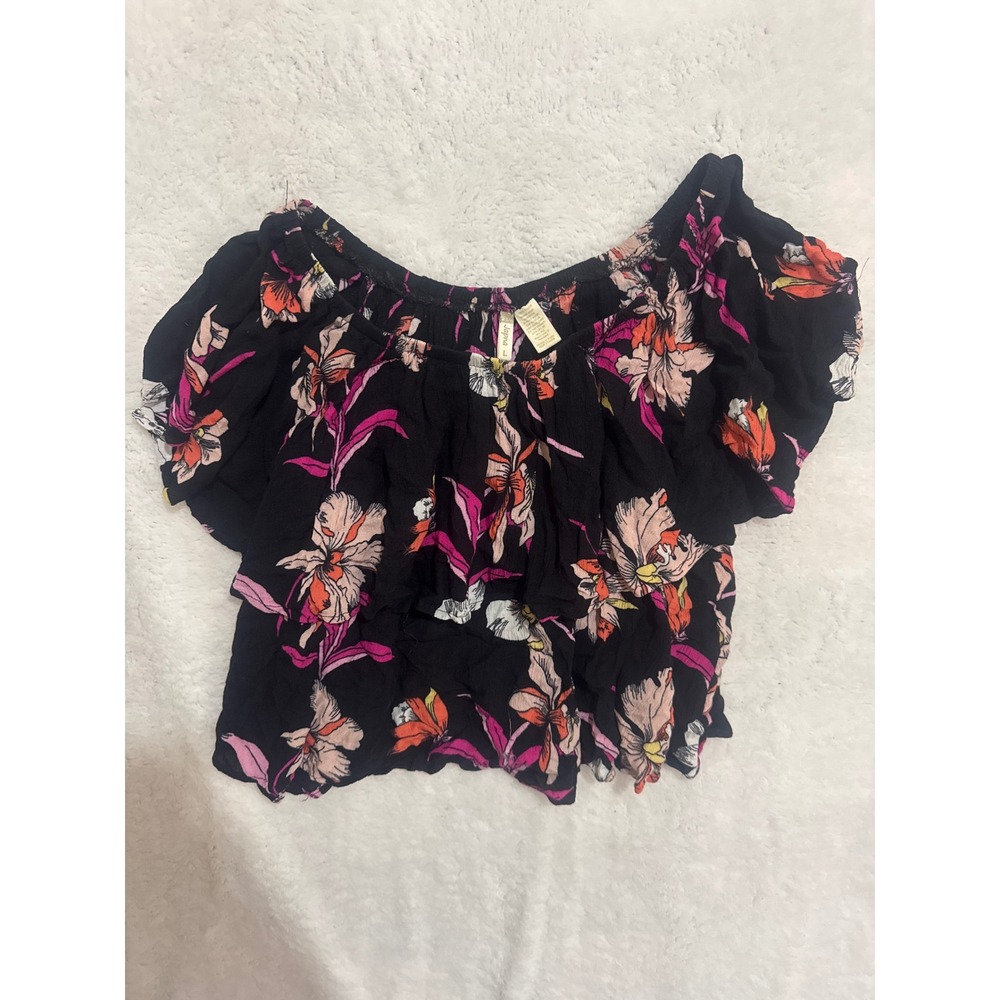 Japna Floral Off‎ Shoulder Top Black Orange Pink Ruffle Womens Large